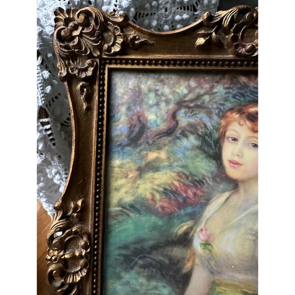 Vintage Pierre AugusteRenoir Young Girl With Basket Of Flowers Print gold frame - Picture 4 of 10